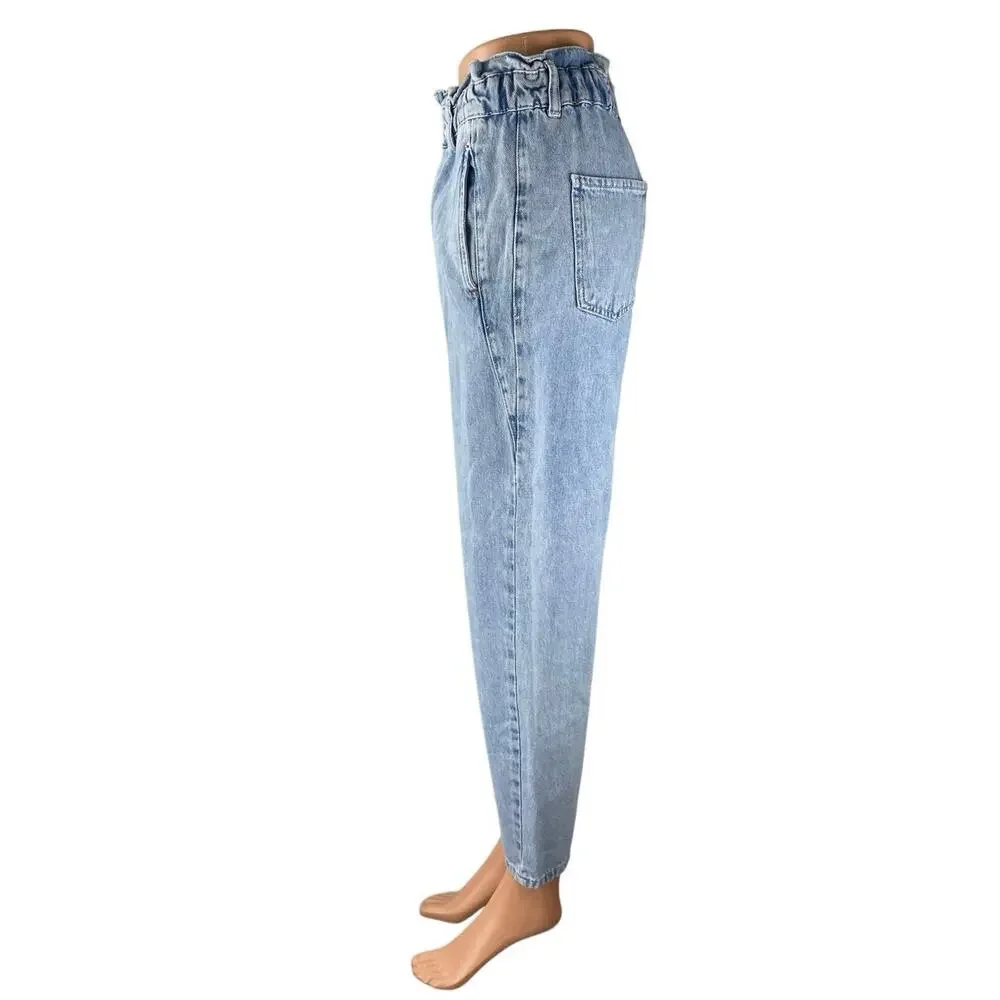 Zara Women's Blue Light Wash High Waisted Tapered Paperbag Denim Jeans Size 2